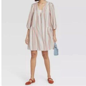 Knox Rose Rayon Linen Blend Boho Squared Neck Striped Summer Dress Sz XXL Flowy